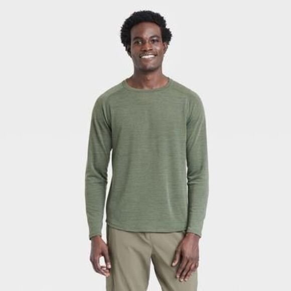 Men's Merino Wool Long Sleeve Athletic Top - All in Motion Heathered Olive Green - Picture 1 of 3